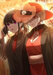  2girls black_bow black_hair black_jacket blonde_hair blurry blurry_background borrowed_clothes bow breasts cellphone cleavage closed_mouth collarbone collared_shirt commentary_request cowboy_shot crossed_arms dress flower formal grey_shirt grey_vest hat hat_bow hat_flower highres holding holding_phone indoors inoue_takina jacket kurokawa_rikuu long_sleeves lycoris_recoil multiple_girls necktie nishikigi_chisato official_alternate_costume official_alternate_hairstyle open_mouth partial_commentary phone ponytail purple_eyes red_dress red_eyes red_headwear red_necktie see-through shirt sidelocks smartphone talking_on_phone teeth upper_teeth_only vest 