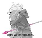  1boy 1girl backpack bag closed_eyes danganronpa_(series) danganronpa_2:_goodbye_despair english_text fala_alfredo_pasta from_side grey_background highres hood hood_down hooded_jacket hug imaples impaled jacket komaeda_nagito long_sleeves medium_hair messy_hair nanami_chiaki polearm spear spoilers spot_color upper_body weapon white_background 