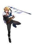  1boy akisa_yositake black_pants blonde_hair blue_eyes blue_gloves fingerless_gloves full_body gloves guilty_gear guilty_gear_strive highres holding holding_sword holding_weapon ky_kiske long_sleeves looking_at_viewer male_focus pants short_hair simple_background standing standing_on_one_leg sword thunderseal weapon 