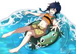  1boy absurdres bare_legs barefoot black_hair blue_hair braid closed_eyes feet genshin_impact gradient_hair highres innertube life_vest lkari_shi male_focus male_swimwear midriff multicolored_hair navel open_mouth smile solo stomach toes twin_braids venti_(genshin_impact) yellow_male_swimwear 