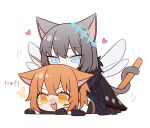  1boy 1girl @_@ animal_ears blue_eyes blush cat_boy cat_ears cat_girl cat_tail chibi commentary_request fate/grand_order fate_(series) fujimaru_ritsuka_(female) fujimaru_ritsuka_(female)_(polar_chaldea_uniform) grey_hair heart herliearse highres oberon_(fate) oberon_(third_ascension)_(fate) on_ground orange_eyes orange_hair sitting sitting_on_person spoilers tail tears wings 