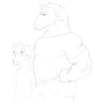  anthro anthro_on_anthro biceps black_and_white bottomwear butt clothing draft_horse duo equid equine girl_staring_at_man&#039;s_chest horse larger_male male male/male mammal monochrome muscular muscular_male pants pecs shirt simple_background sirartwork size_difference smaller_male topwear white_background 