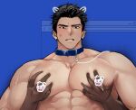  2boys abs animal_ears bara belt_collar censored censored_nipples collar cow_boy cow_ears dark-skinned_male dark_skin drawn_ears eloseu_(haribochase) emoji emoji_censor grabbing grabbing_from_behind large_pectorals male_focus mature_male multiple_boys muscular muscular_male nipples original pectoral_grab pectorals short_hair solo_focus thick_eyebrows upper_body 