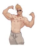  1boy abs alternate_body_hair alternate_facial_hair arm_hair armpit_hair armpits bara biceps blonde_hair chest_hair cropped_legs double_biceps_pose enri_(ceinordraws) facial_hair facing_viewer flaccid flexing foreskin goatee highres johnny_bravo johnny_bravo_(series) large_pectorals lipstick_mark male_focus mature_male muscular muscular_male navel nipples pectorals pompadour pubic_hair short_hair solo sparse_navel_hair sunglasses tan tanlines thick_thighs thighs topless_male 