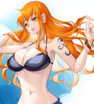  1girl arm_tattoo bracelet breasts cleavage cloud commentary_request crazy_otama earrings eyelashes gradient_background happy highres jewelry large_breasts log_pose long_hair looking_at_viewer nami_(one_piece) navel one_piece orange_eyes orange_hair smile solo standing tattoo wavy_hair 