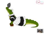  cleaning_tool clothed clothing crocodile crocodilian crocodylid digital_media_(artwork) feather_duster female feral god-ale green_body green_skin hi_res maid_uniform reptile scalie simple_background solo uniform white_background 