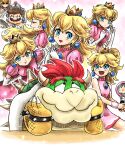  1girl 2boys blonde_hair blue_eyes bowser cosplay crown dress earrings elbow_gloves gem gloves hair_between_eyes highres horns jewelry kicdon long_hair looking_at_viewer mario mario_(series) multiple_boys open_mouth pink_dress princess_peach princess_peach_(cosplay) princess_peach_(wedding) red_hair super_mario_odyssey tiara wedding_dress white_gloves 