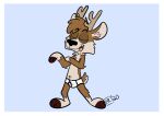  2020 anthro antlers barefoot blue_background border briefs briefs_only brown_body brown_fur brown_hair bulge clothed clothing darwin_(tinydeerguy) deer eyes_closed feet fur hair hooves horn hryanart male mammal open_mouth signature simple_background solo tan_body tan_fur teeth_showing tighty_whities tongue_showing topless underwear underwear_only white_border white_briefs white_clothing white_underwear 