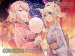  2girls animal_ears blonde_hair blue_eyes commission cotton_candy facial_mark final_fantasy final_fantasy_xiv fireworks floral_print holding japanese_clothes kimono long_sleeves multiple_girls obi pink_kimono ponytail rirene_rn sample_watermark sash smile whisker_markings yellow_eyes 