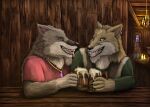  absurd_res alcohol ale amethyst_(gem) anthro beer beverage blue_eyes brown_body brown_fur candle canid canine canis container cup door duo farkas_(race) foam fur furniture gem glass green_eyes green_tunic hair hi_res homebrew inside kai_(farkas) leif_(farkas) light long_hair lovers_moment male male/male mammal moonlight piercing red_tunic scar sitting smile stein table tavern teeth tongue warm_lighting wolf wood yenocwolf yggdrasill 