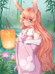  absurdres animal_ears bamboo calypsa_(peachicake) china_dress chinese_clothes commission dress flower highres lantern long_hair lotus original outdoors pink_hair rabbit_ears rabbit_girl yuchik 