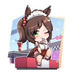  1girl animal_ears bench blush breasts brown_hair chibi clothing_cutout commentary commission cup day english_text freckles green_eyes hair_ornament hair_scrunchie heart heart_print highres holding horse_ears horse_girl horse_tail ines_fujin_(umamusume) knee_up large_breasts looking_at_viewer maid_headdress no_nose one_eye_closed parfait parted_lips plaid plaid_skirt polka_dot polka_dot_background red_footwear red_scrunchie red_skirt scrunchie short_sleeves shoulder_cutout side_ponytail sitting skeb_commission skirt socks solo tail thighs umamusume warashi white_skirt white_socks 