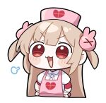  &gt;_&lt; 1girl :3 :d =3 apron blonde_hair blush blush_stickers chibi collared_dress commentary dress hair_ornament hat heart heart_print highres junsuina_fujunbutsu long_hair looking_at_viewer natori_sana nurse_cap open_mouth pink_apron pink_headwear puffy_short_sleeves puffy_sleeves rabbit_hair_ornament red_eyes sana_channel short_sleeves simple_background smile solo symbol-only_commentary two_side_up upper_body v-shaped_eyebrows virtual_youtuber white_background white_dress 