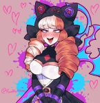  1girl :p animal_ears artist_name belt black_belt black_headwear blue_eyes blush breasts brown_eyes brown_hair drill_hair fake_animal_ears green_background grey_hair heterochromia highres junko_(funkywoomy) large_breasts league_of_legends long_sleeves looking_at_viewer purple_background red_eyes solo soul_fighter_gwen tongue tongue_out twin_drills twintails 