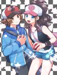  1boy 1girl :d bag black_vest blue_eyes blue_jacket brown_eyes brown_hair checkered_background closed_mouth commentary_request hat high_ponytail highres hilbert_(pokemon) hilda_(pokemon) holding holding_poke_ball jacket long_sleeves mochi_(mocchi_p_2m) open_clothes open_mouth open_vest pants poke_ball poke_ball_(basic) poke_ball_print pokemon pokemon_(game) pokemon_bw red_headwear shirt short_hair short_shorts shorts shoulder_bag sidelocks smile star_(symbol) vest white_headwear white_shirt zipper_pull_tab 