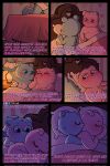  2023 anthro azulin_(unicorn_wars) bear bed bedding belly blanket blue_body blue_eyes blush clothing comic detailed_background dialogue duo embrace fazbeast furniture gordi_(unicorn_wars) hi_res hug hugging_from_behind inside mammal moobs pillow pink_body slightly_chubby spanish_text text underwear unicorn_wars 