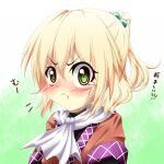  1girl :t black_shirt blonde_hair blush brown_shirt closed_mouth commentary_request frown gradient_background green_background green_eyes hair_bobbles hair_ornament high_ponytail looking_at_viewer mizuhashi_parsee portrait pout scarf shirt short_hair short_ponytail short_sleeves solo tearing_up touhou translation_request undershirt v-shaped_eyebrows white_background white_scarf yanmarson 