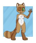  2022 anthro areola black_nose breasts brown_body brown_fur canid canine digital_media_(artwork) digitigrade feet female fingers fluffy front_view fur genitals green_eyes hi_res hindpaw humanoid_hands looking_at_viewer mammal moodytail multi_tone_body multi_tone_fur multicolored_body multicolored_fur navel nipples nude one_eye_closed paws pinup pose pussy raccoon_dog simple_background smile solo standing striped_body striped_fur stripes tan_body tan_fur tanuki toes tongue tongue_out tuft white_body white_fur wink yuki_(side_b) 