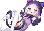  1girl animal_hood arched_bangs belt blush braid breasts cat_hood cat_tail grey_hair highres hololive hood hoodie looking_at_viewer medium_hair murasaki_shion murasaki_shion_(school_uniform) necktie noi_mine official_alternate_costume open_mouth purple_hoodie purple_necktie short_eyebrows short_twintails single_braid small_breasts smile tail tail_around_own_leg teeth thigh_belt thigh_strap thighhighs transparent_background twintails upper_teeth_only virtual_youtuber white_thighhighs yellow_eyes 