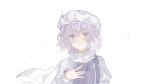  1girl closed_mouth highres kalmeyaki lapel_pin letty_whiterock light_purple_hair long_sleeves looking_at_viewer one-hour_drawing_challenge purple_eyes scarf short_hair simple_background solo touhou upper_body white_background white_scarf 