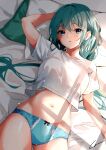  1girl absurdres anzu_(x_anzu_ill) arm_behind_head arm_up bed_sheet blue_eyes blue_panties blush bow bow_panties breasts commentary_request crop_top from_above green_hair hair_between_eyes hatsune_miku highres long_hair looking_at_viewer lying medium_breasts navel no_pants on_back panties parted_lips pillow shirt short_sleeves solo sunlight underwear very_long_hair vocaloid white_shirt window_shade 
