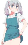  1girl blue_eyes blue_overalls blush closed_mouth collarbone commentary cowboy_shot eromanga_sensei grey_hair highres izumi_sagiri kusana_(kusana47454281) lifted_by_self long_hair looking_at_viewer overalls shirt short_sleeves simple_background solo t-shirt twintails wavy_mouth white_background white_shirt 