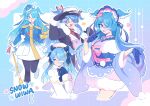  1girl absurdres band_uniform beret black_coat blue_bow blue_eyes blue_gloves blue_hair blue_jacket blue_wings bow bowtie capelet coat color_connection cosplay crescent_print dress elira_pendora fur-trimmed_capelet fur-trimmed_coat fur-trimmed_kimono fur_trim gloves hair_bow hair_ornament hair_over_one_eye hair_ribbon hat hat_feather hatsune_miku hatsune_miku_(cosplay) head_wings highres jacket japanese_clothes kimono layered_clothes layered_kimono light_blue_hair long_hair looking_at_viewer mini_shako_cap multiple_views musical_note musical_note_hair_ornament nijisanji nijisanji_en open_mouth peaked_cap pink_bow pink_bowtie refrainbow ribbon skirt smile snowflake_print twintails virtual_youtuber white_capelet white_dress white_gloves white_headwear white_skirt wings yuki_miku yuki_miku_(2020) yuki_miku_(2021) yuki_miku_(2022) yuki_miku_(2023) yuki_miku_(cosplay) 