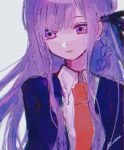  1girl artist_name black_ribbon blue_jacket brown_necktie closed_mouth collared_shirt danganronpa:_trigger_happy_havoc danganronpa_(series) grey_background hair_ribbon highres jacket kirigiri_kyoko long_hair long_sleeves necktie open_clothes open_jacket pink_eyes pink_hair ribbon riri_o shirt simple_background solo upper_body white_shirt 