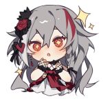  +_+ 1girl :o bare_shoulders blush braid character_request chibi commentary dress eyebrows_hidden_by_hair fishnet_gloves fishnets flower gloves grey_hair hair_between_eyes hair_flower hair_ornament hands_up haruka_(rsyaooooo) honkai_(series) honkai_impact_3rd long_hair looking_at_viewer multicolored_hair parted_lips red_dress red_eyes red_flower red_hair red_rose rose simple_background solo streaked_hair symbol-only_commentary very_long_hair white_background 
