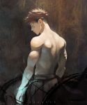  1boy back bandaged_arm bandages black_background facing_to_the_side highres itadori_yuuji jujutsu_kaisen light_particles looking_to_the_side male_focus muscular muscular_male pink_hair powering_up qxq_illus solo topless_male upper_body 