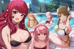  5girls :d ^_^ bare_shoulders bikini black_bikini blue_sky breasts choker cleavage closed_eyes commentary_request day etie_(fire_emblem) facial_mark fire_emblem fire_emblem_engage framme_(fire_emblem) goldmary_(fire_emblem) green_bikini grey_hair hair_ornament hairband lapis_(fire_emblem) large_breasts long_hair multiple_girls open_mouth orange_hair outdoors pink_eyes pink_hair pool purple_choker red_bikini red_hair red_hairband sky smile star_(symbol) star_hair_ornament swimsuit tuna_picture water yunaka_(fire_emblem) 