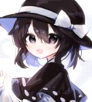  1girl black_capelet black_eyes black_hair black_headwear bow capelet commentary_request hair_between_eyes hat hat_bow highres lennonrine long_sleeves looking_at_viewer open_mouth portrait ribbon-trimmed_capelet shirt short_hair smile solo touhou usami_renko white_bow white_shirt 