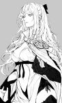  1girl absurdres amputee bow breasts cape cleavage clothing_cutout commentary cowboy_shot drag-on_dragoon drag-on_dragoon_3 dress english_commentary flower flower_over_eye grey_background greyscale hair_bow highres large_breasts long_hair monochrome navel nishiii26miii parted_lips prosthesis prosthetic_arm ribbon sidelocks simple_background solo stomach_cutout zero_(drag-on_dragoon) 
