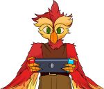  anthro beak belt clothing feathers green_eyes kafuka light_realm light_realm:_artificial_island looking_at_viewer male nintendo nintendo_switch quill_agatha_(light_realm) red_body red_feathers solo tunic yellow_body yellow_feathers 