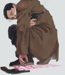  1boy black_hair blood blood_on_face cheekbones coat full_body goatee_stubble golden_kamuy kikuta_mokutaro looking_back male_focus mature_male messy_hair mustache_stubble pink_blood pointing_gun scar scar_on_face scar_on_forehead serious shoes short_hair sideburns solo squatting tonta_(tonta1231) 