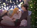  1boy 1girl artist_name black_hair black_pantyhose blonde_hair braid christmas_tree couch dated decadence_(anime) earrings eye_contact hetero highres hug indoors jewelry kaburagi_(decadence) looking_at_another natsume_(decadence) on_couch on_stomac ornament pantyhose pillow pipe_(decadence) profile red_wristband salmon_aburi1 scar sitting sweater throw_pillow window wristband 