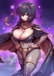 1girl abs absurdres aged_up alternate_costume black_hair bracelet breasts bridal_gauntlets cape cleavage commission cosplay covered_navel fire_emblem fire_emblem_awakening hands_on_hips highres jewelry large_breasts looking_at_viewer mature_female morgan_(female)_(fire_emblem) morgan_(fire_emblem) open_mouth purple_eyes skeb_commission solo standing tharja_(fire_emblem) tharja_(fire_emblem)_(cosplay) tukiwani 