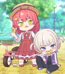  2girls absurdres aged_down black_pants blonde_hair blush_stickers dress green_eyes hat highres hololive hololive_dev_is jacket multiple_girls neg_carrot pacifier pants pink_hair purple_eyes purple_jacket red_dress sakura_miko short_twintails sitting straw_hat todoroki_hajime tricycle twintails virtual_youtuber 
