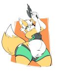  anthro belly boot_(artist) canid canine clothing fox fox_mccloud fur gun hair male mammal navel nintendo ranged_weapon simple_background slightly_chubby solo star_fox tail thick_thighs weapon 