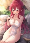  1girl :d arm_support bat_wings blurry blurry_background blush breasts cleavage collarbone demon_tail fang from_above groin hand_on_own_chest hand_up head_wings highres koakuma large_breasts long_hair looking_at_viewer multiple_wings naked_towel onsen open_mouth pink_eyes pointy_ears red_hair reijing_etrn sitting smile solo tail touhou towel very_long_hair wings 