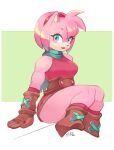  accessory amy_rose anthro belt clothing colored dress eulipotyphlan female fur green_eyes hair_accessory hairband hedgehog hi_res leg_warmers legwear looking_at_viewer mammal monochrome pink_body pink_fur sega sitting smile solo sonic_the_hedgehog_(series) thick_thighs wristband zelen 