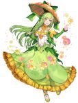  1girl :d bare_shoulders bow braid breasts bright_pupils center_frills crown_braid daisy flower footwear_bow frills full_body green_hair green_skirt holding holding_umbrella katagiri_hachigou lilligant long_hair long_skirt long_sleeves medium_breasts open_mouth orange_eyes orange_flower orange_rose orange_umbrella personification pink_flower pink_rose pokemon ribbon rose round_teeth shirt simple_background skirt sleeves_past_wrists smile solo swept_bangs teeth umbrella white_background white_flower white_pupils white_shirt yellow_bow yellow_ribbon 