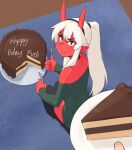  1girl artist_name bare_shoulders breasts cake cake_slice colored_skin demon_girl demon_horns demon_tail eating food from_above hair_between_eyes happy_birthday highres holding holding_plate holding_utensil horns li_(rob_ishi) looking_at_viewer original plate pointy_ears red_skin rob_ishi smile solo_focus tail thighhighs thumbs_up white_hair 