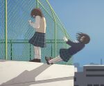  2girls absurdres avogado6 bandaid bandaid_on_face bandaid_on_knee bandaid_on_leg chain-link_fence despair falling fence full_body highres holding imminent_suicide looking_at_another multiple_girls original plaid plaid_skirt pleated_skirt rooftop school_uniform skirt sweatdrop wide-eyed 