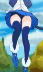 1girl blue_cat_(precure) blue_panties blue_skirt blue_thighhighs cat_tail cloud haruyama_kazunori panties precure skirt solo star_twinkle_precure tail thighhighs tree underwear yuni_(precure) 