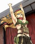  1girl ak-47_(girls&#039;_frontline) armpits belt beret bikini black_belt black_shorts blonde_hair breasts brick_wall chinese_commentary commentary commentary_request dancing floating_hair front-tie_bikini_top front-tie_top girls&#039;_frontline green_bikini green_eyes hands_up hat large_breasts long_hair looking_ahead mixed-language_commentary no_shirt parody photo-referenced pouch red_headwear red_scarf ruukii_drift scarf shorts smirk solo standing swimsuit 