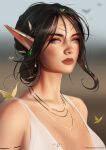  1girl black_hair blurry blurry_background bug butterfly circlet earrings gold_necklace grey_eyes jewelry lips necklace nixri original pointy_ears short_hair solo upper_body 