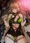  1girl absurdres blush breasts bullet bullpup cameltoe cellphone choker cowboy_shot double_bun fang girls&#039;_frontline gun hair_bun highres large_breasts light_brown_hair navel necktie noiretox p90 p90_(girls&#039;_frontline) p90_(the_girl_from_b.e.l)_(girls&#039;_frontline) phone red_eyes red_nails skin_fang skindentation smartphone smile solo submachine_gun thick_thighs thighhighs thighs torn_clothes weapon 