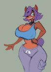  absurd_res anthro bandicoot big_breasts bottomwear breasts brown_body clothing collar eyebrow_through_hair eyebrows female green_eyes hair hi_res imric1251 mammal marsupial one_eye_obstructed pants purple_eyes shirt simple_background solo topwear translucent translucent_hair 