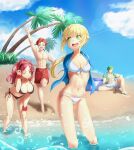  2boys 2girls absurdres aisha_greyrat ars_greyrat beach bikini black_bikini blonde_hair breasts commission green_eyes green_hair hairband highres large_breasts m.tokotsu multiple_boys multiple_girls mushoku_tensei navel norn_greyrat open_mouth pixiv_commission red_hair ruijerd_superdia smile string_bikini swimsuit toned white_bikini 